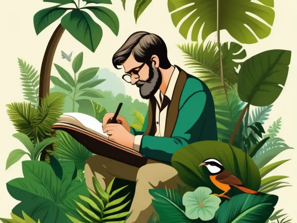 Un joven Charles Darwin explorando la naturaleza, rodeado de exuberante vegetación y vida silvestre