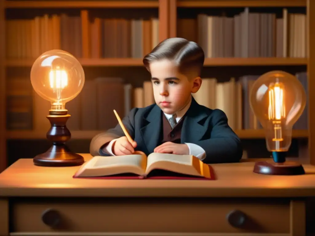 Un joven Niels Bohr, rodeado de libros y instrumentos científicos, lee con intensa curiosidad en su acogedor estudio iluminado por una lámpara