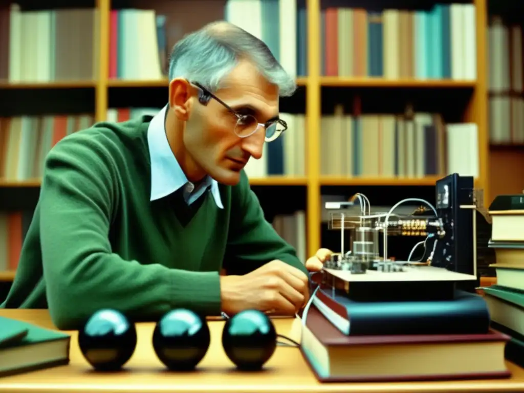 Un joven Robert Noyce inmerso en libros y experimentos, rodeado de equipos informáticos y componentes tecnológicos