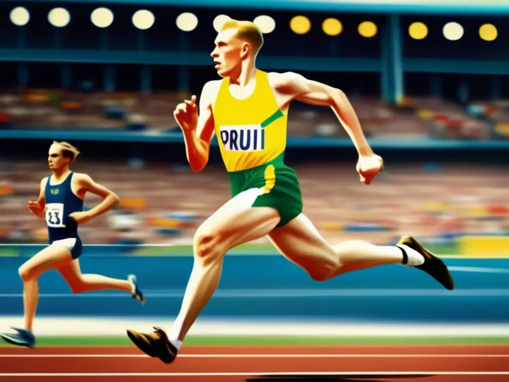 Un joven Paavo Nurmi corre con determinación en una pista, mostrando energía y concentración