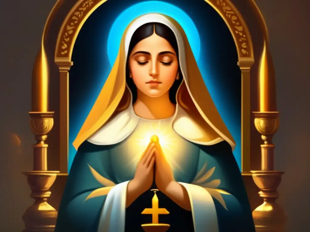 Iluminación divina: Teresa de Ávila en éxtasis Una joven Teresa de Ávila en profunda oración, rodeada de un resplandor etéreo y una visión mística