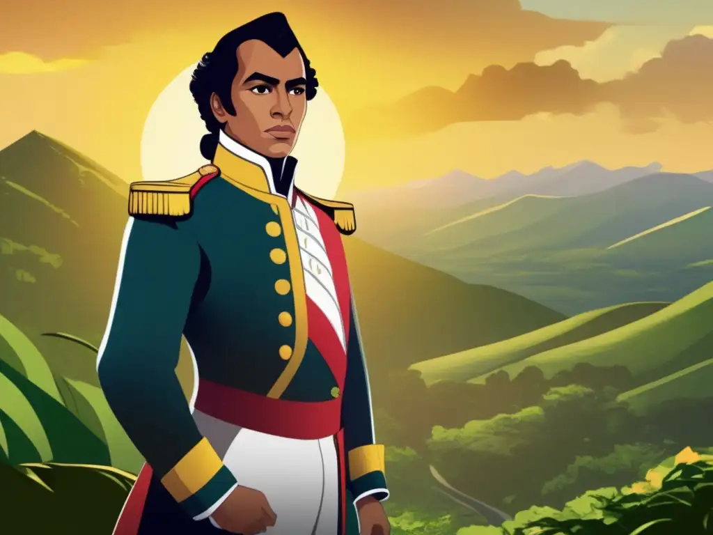 Un joven Simón Bolívar se yergue orgulloso en un paisaje montañoso, con una expresión determinada y visionaria