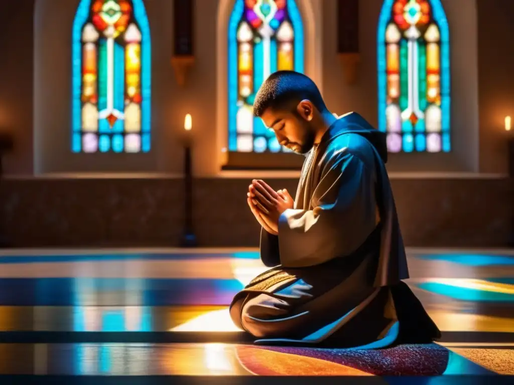 Padre Pío en Oración: Imagen Impactante de Espiritualidad Un joven Padre Pío rezando en una capilla iluminada por luz de vitrales, transmitiendo serenidad y espiritualidad