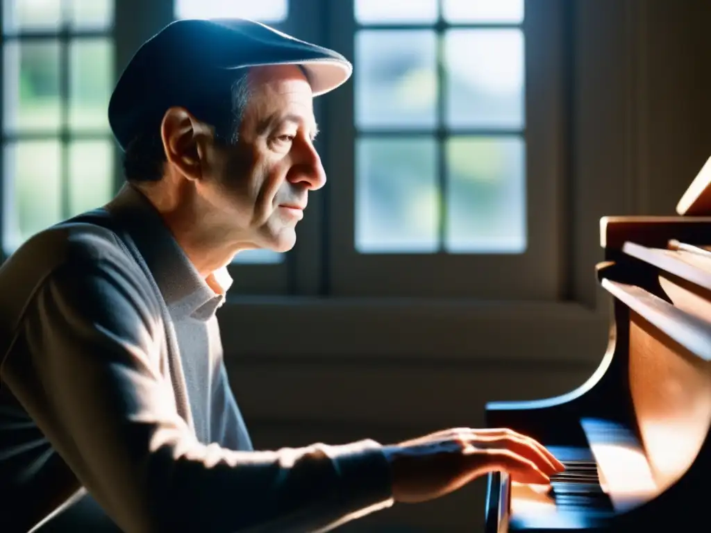 Un joven Steve Reich componiendo en un piano, rodeado de partituras y pensativo