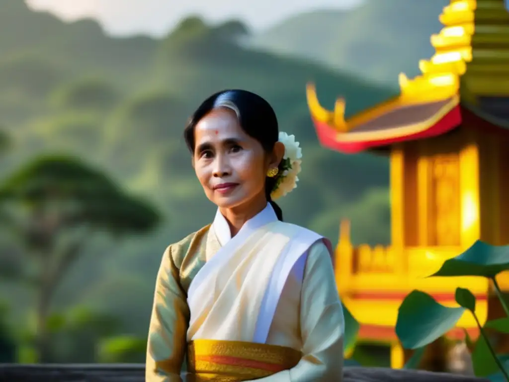 Una joven Aung San Suu Kyi de pie frente a una pagoda birmana tradicional, con un longyi vibrante y una delicada flor de loto en su cabello