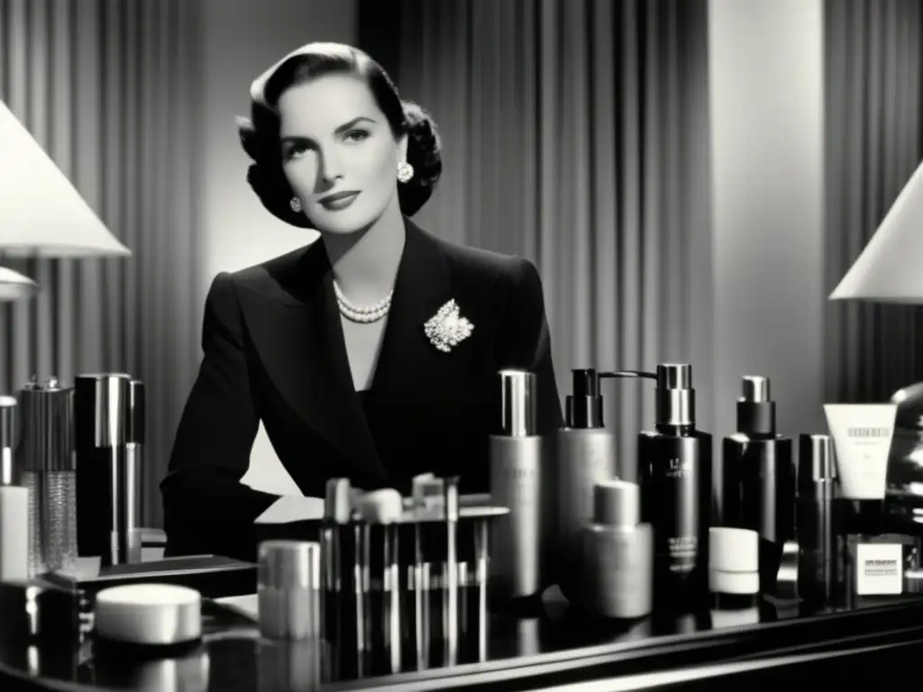 Una joven Estée Lauder, pionera en negocios, irradia determinación en su traje elegante rodeada de productos vintage