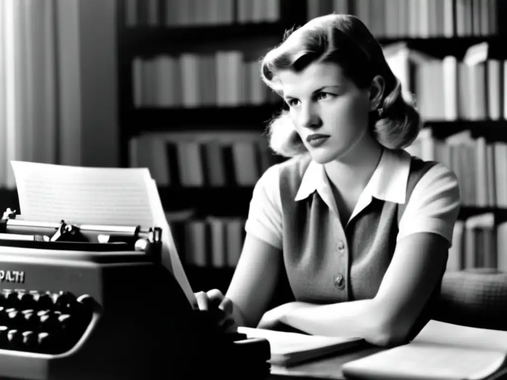 Una joven Sylvia Plath reflexiona frente a su máquina de escribir, rodeada de libros y papeles, en una foto en blanco y negro
