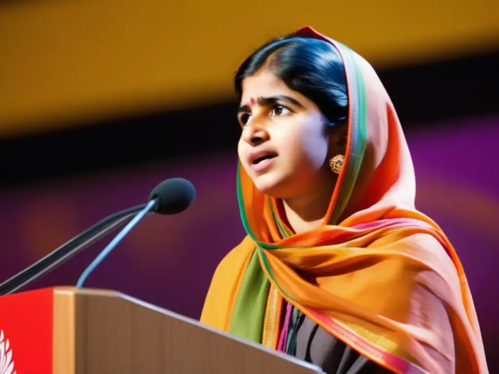 Una joven Malala Yousafzai habla apasionadamente en un podio, rodeada de una audiencia diversa y comprometida