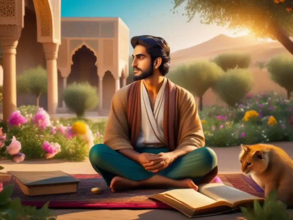 Un joven Hafez poeta lírico persa concentra en escribir poesía en un jardín soleado, rodeado de flores y arquitectura persa antigua