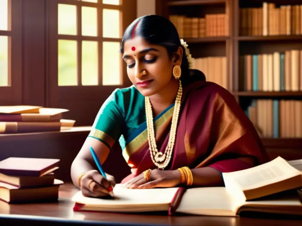 Una joven Sarojini Naidu, poetisa y activista, escribe poesía rodeada de libros, vistiendo ropa tradicional india, con determinación en sus ojos mientras la luz del sol ilumina su rostro