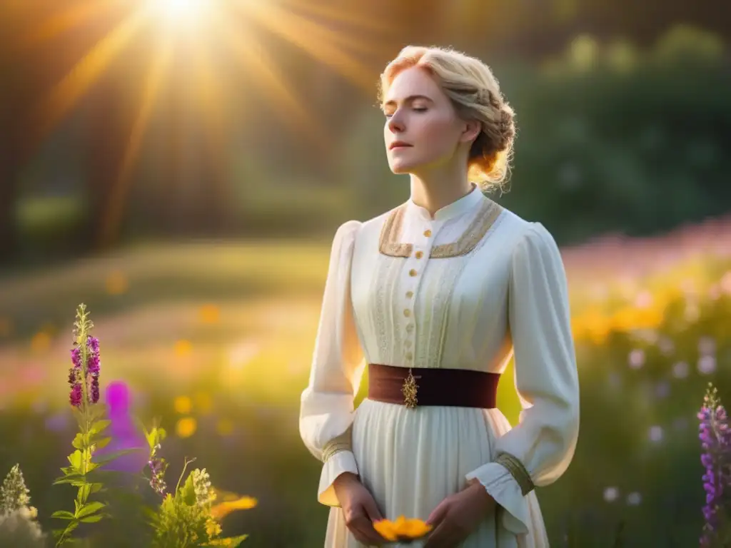 Una joven Ellen White en un prado soleado, rodeada de flores silvestres