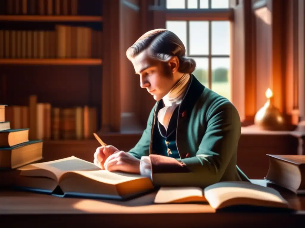 Biografía de Joseph Priestley: Joven Priestley concentrado en lectura en una sala soleada llena de instrumentos científicos y libros