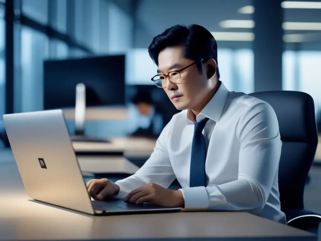 Joven Lee Byungchul reflexiona en su primer negocio, reflejando el legado de Lee Byungchul Samsung en una oficina moderna y elegante