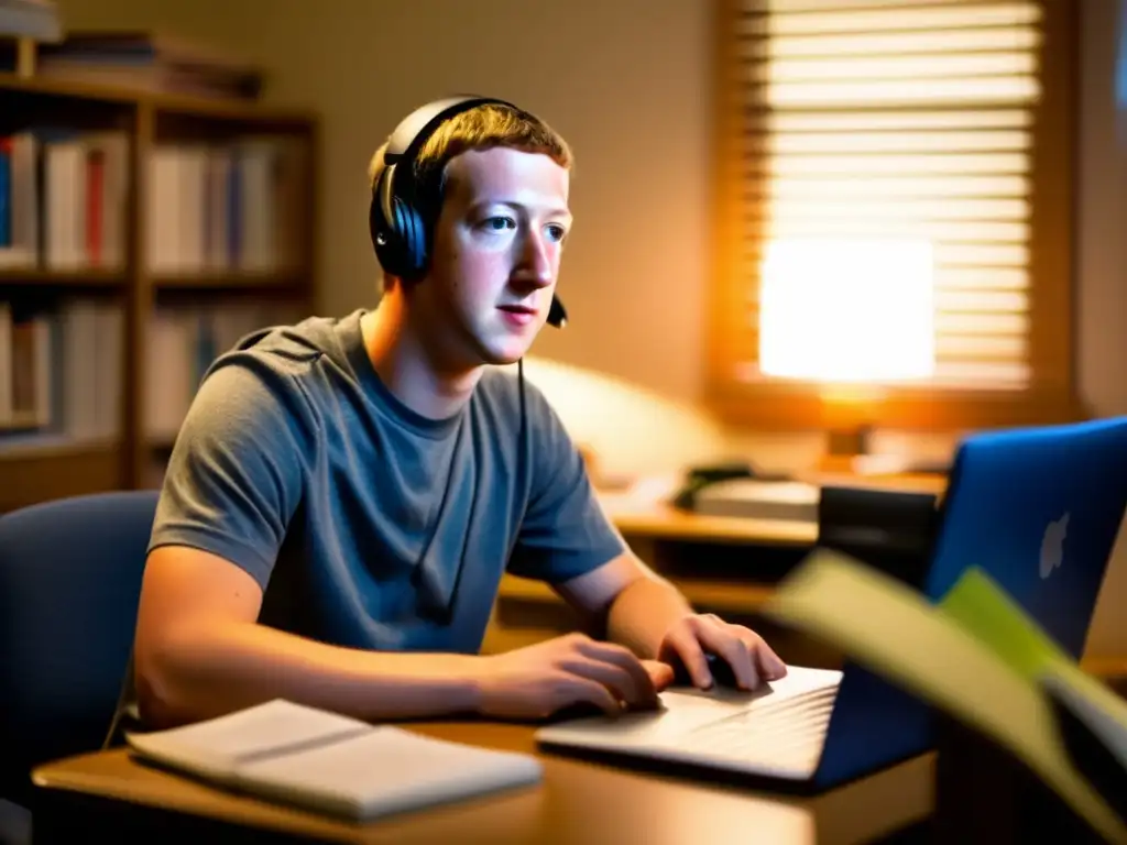 Un joven Mark Zuckerberg codifica la primera versión de Facebook en su dormitorio universitario, rodeado de libros y apuntes en un ambiente tenue