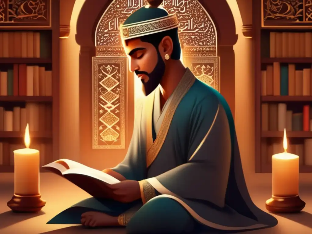 Un joven AlGhazali en profunda contemplación, rodeado de libros y pergaminos, iluminado por una cálida luz de vela