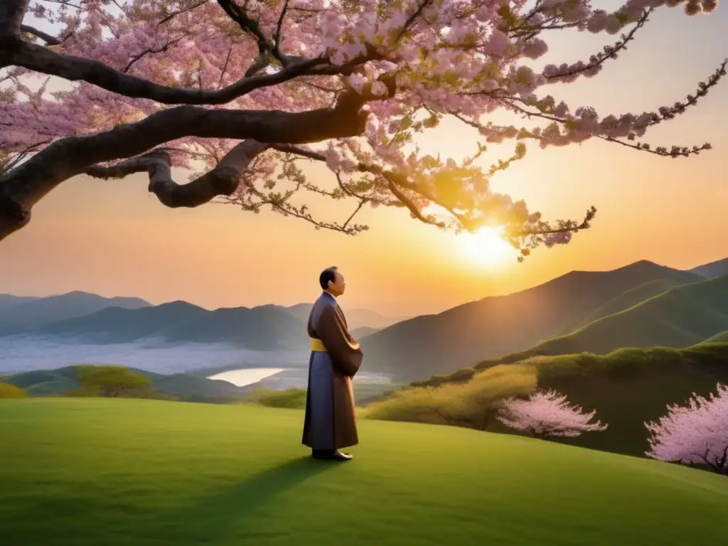 Un joven Sun Myung Moon contempla la puesta de sol en un paisaje sereno y exuberante, vistiendo atuendo tradicional coreano