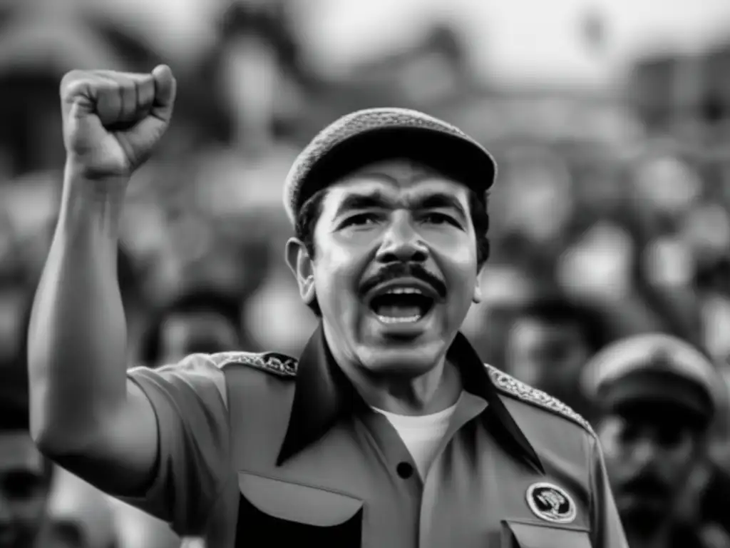 Un joven Daniel Ortega levanta el puño ante una multitud, con determinación y pasión