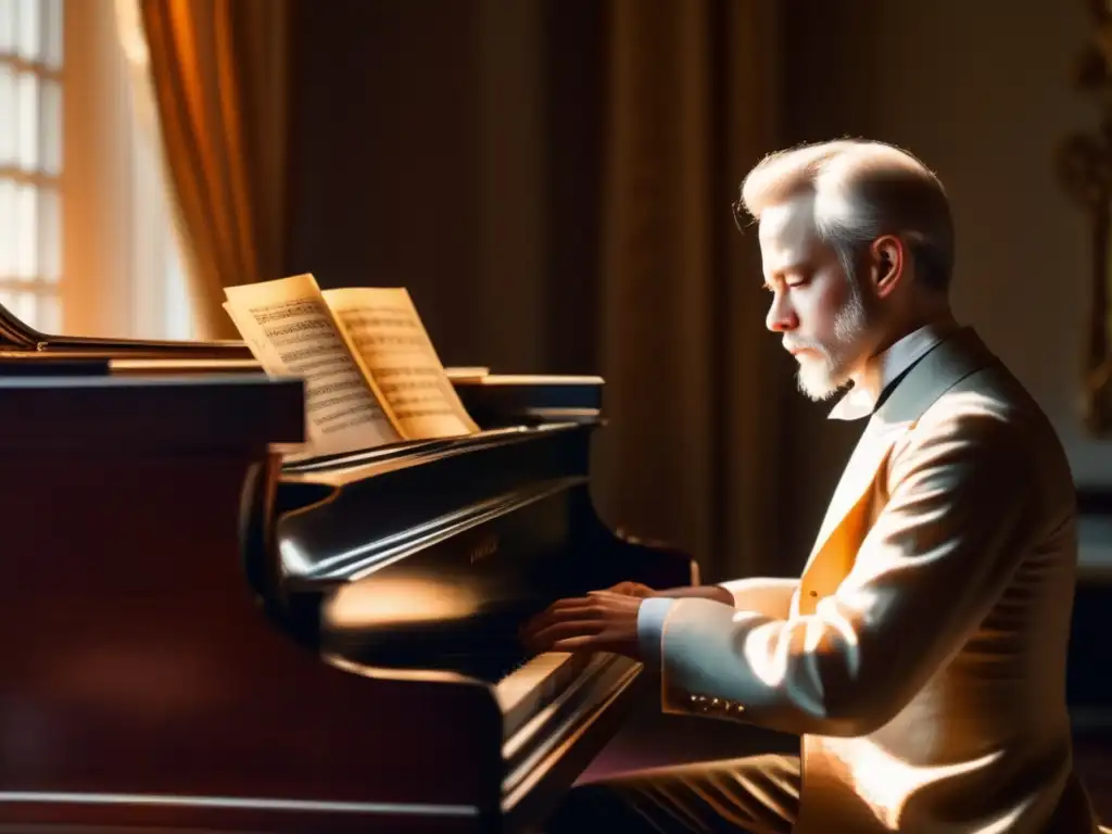 Un joven Pyotr Ilyich Tchaikovsky se sienta en un piano de cola en una habitación iluminada por el sol, concentrado en la partitura