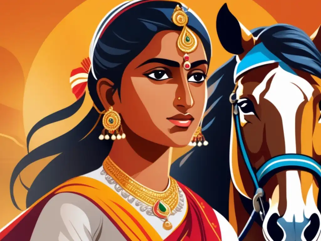 La joven Rani Lakshmibai, Reina de Jhansi, muestra determinación montando a caballo, con atuendo tradicional y sosteniendo una espada