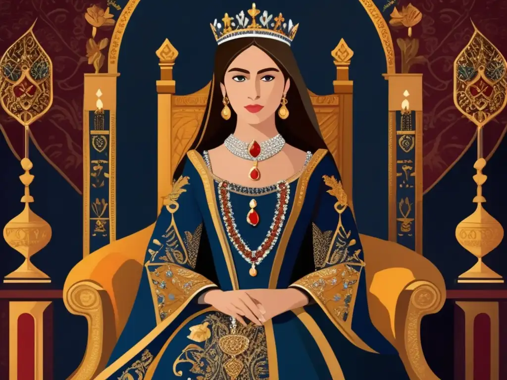 La joven Reina Isabel la Católica se sienta en un trono, vistiendo un elaborado traje medieval y exudando dignidad y autoridad