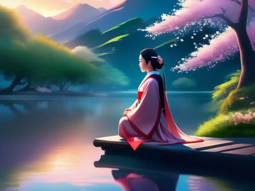 Una joven Reina Himiko, líder chamanista de Japón, contempla serena un lago tranquilo entre árboles de cerezo