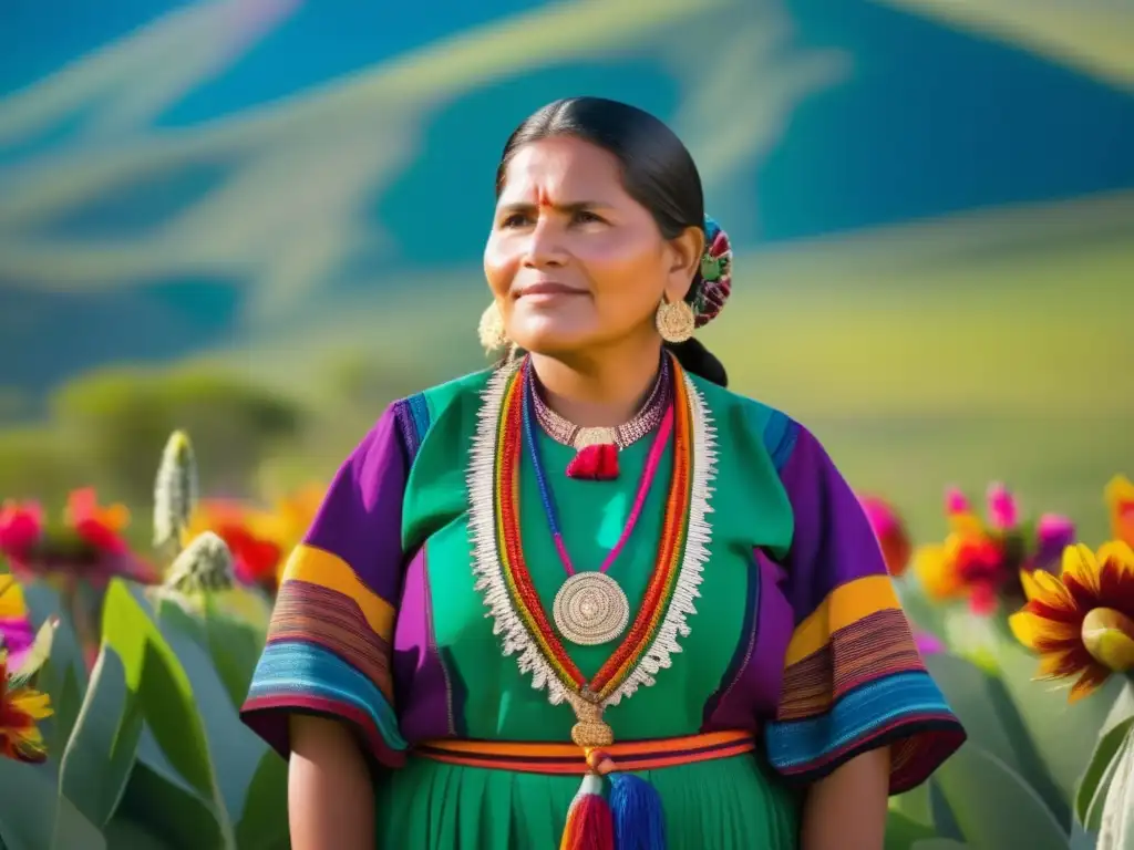 Una joven Rigoberta Menchú de pie en un campo verde exuberante, rodeada de flores indígenas coloridas