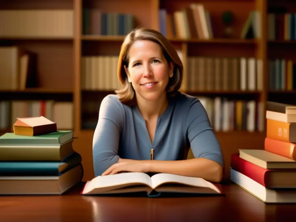 Una joven Susan Wojcicki estudia con determinación rodeada de libros y materiales educativos