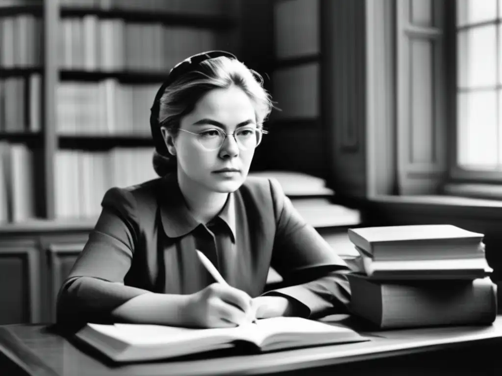 Una joven Anna Politkovskaya, rodeada de libros y papeles, escribe con determinación en su cuaderno