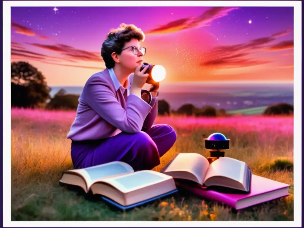 Una joven Jocelyn Bell Burnell, rodeada de libros y un telescopio, contempla el cielo con determinación al atardecer