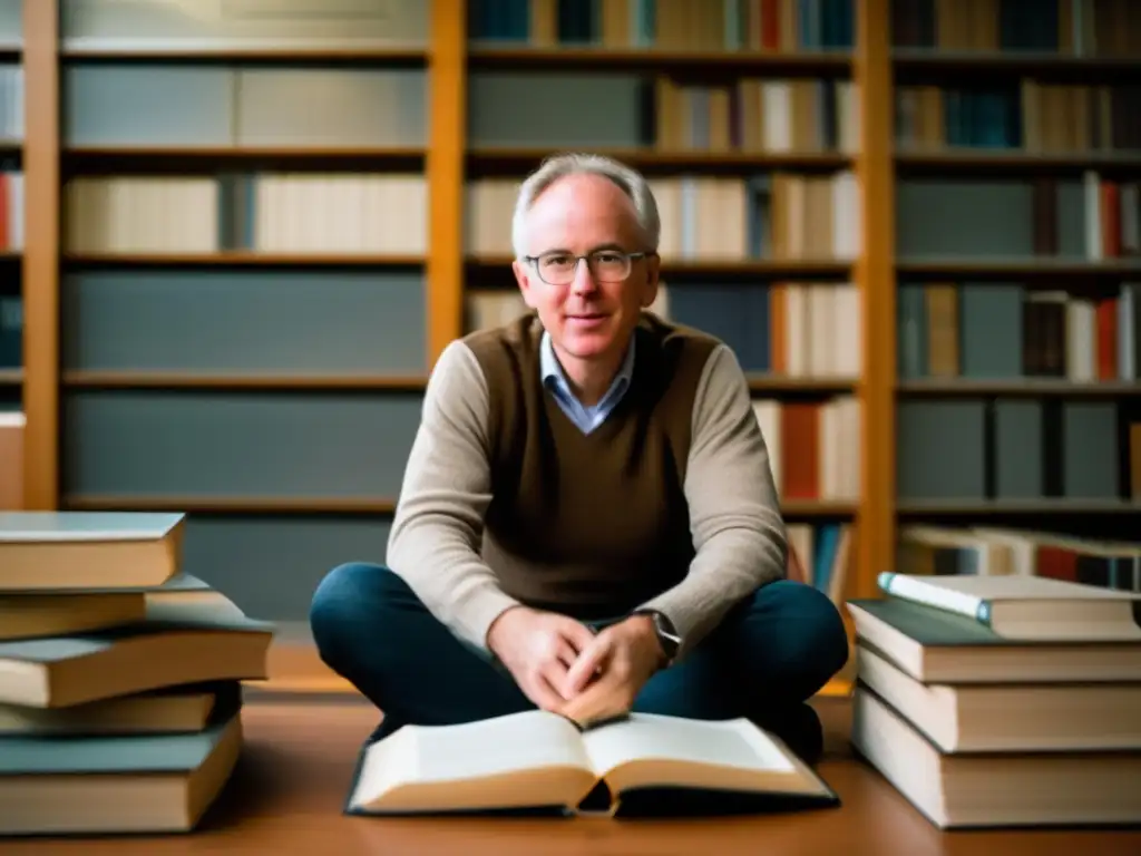 Un joven Steve Keen, rodeado de libros de economía, subraya con entusiasmo en un grueso tomo