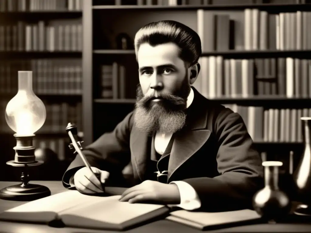 Un joven Wilhelm Conrad Roentgen, rodeado de libros y herramientas científicas, con expresión de curiosidad y determinación