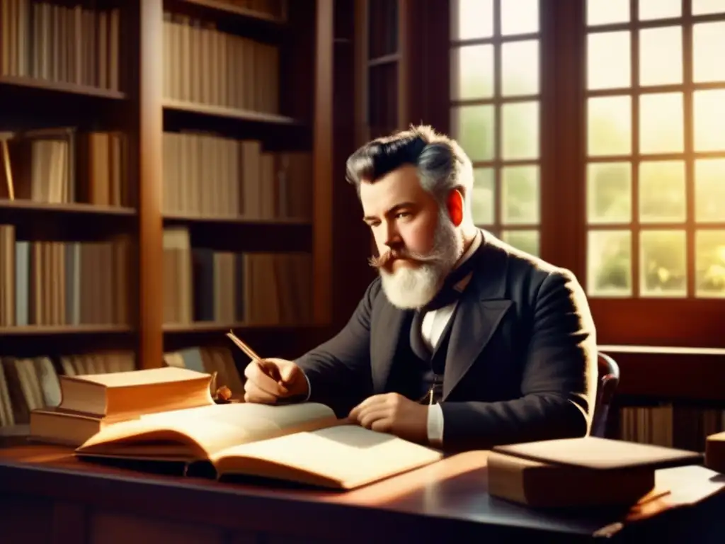 Un joven Alexander Graham Bell, rodeado de libros y herramientas científicas, concentra sus ideas en la biblioteca