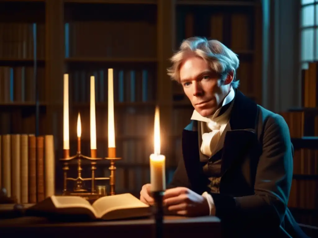 Un joven Michael Faraday, rodeado de libros e instrumentos científicos, se concentra en un experimento