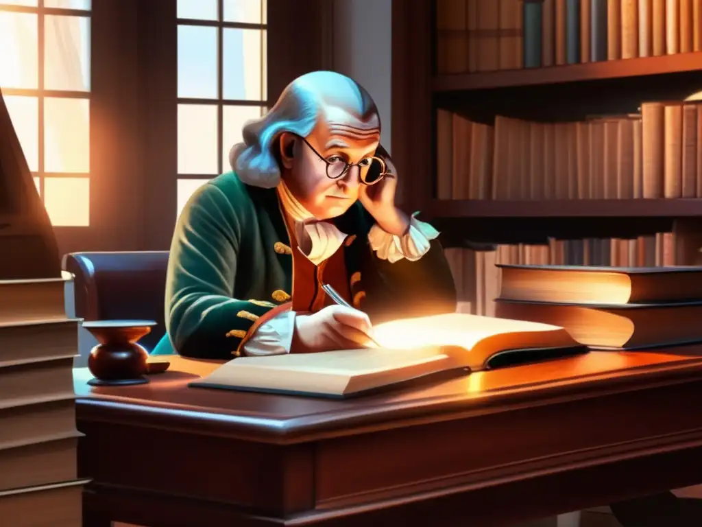Un joven Benjamin Franklin, rodeado de libros e instrumentos científicos, concentrado en la lectura