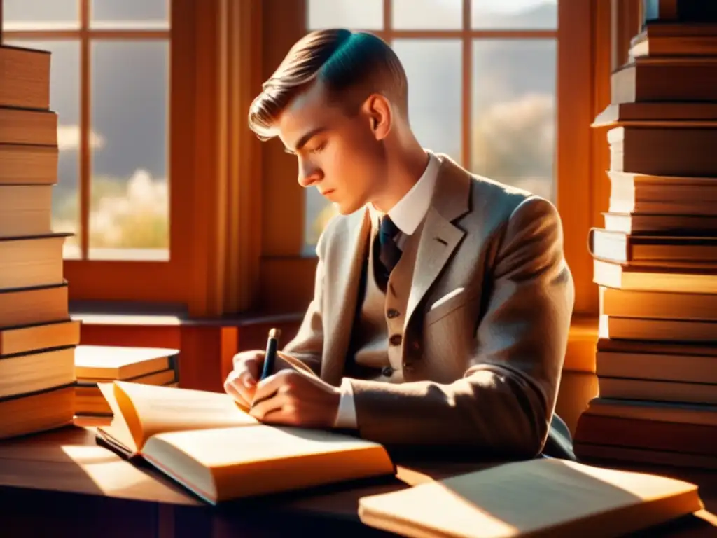 Un joven Thomas Mann, rodeado de libros y papeles, escribe en su diario en una habitación iluminada por el sol