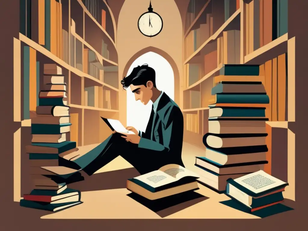 Un joven Franz Kafka rodeado de libros y papeles en un entorno surrealista