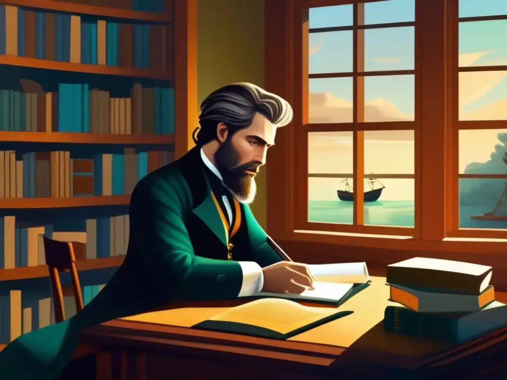 Un joven Herman Melville escribe Moby Dick, rodeado de libros y papeles, iluminado por la suave luz de la ventana