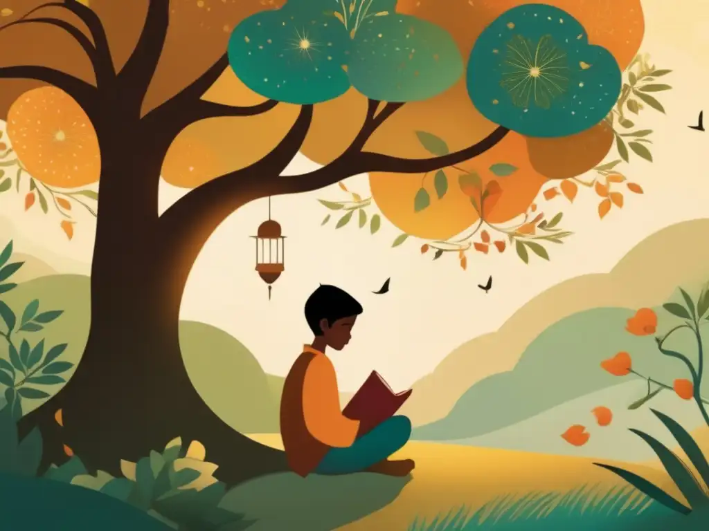 Un joven Rumi reflexiona bajo un árbol, con un libro en mano