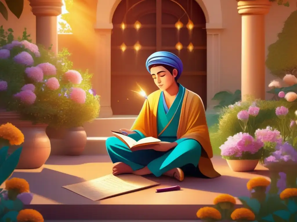 Un joven Rumi contemplativo, rodeado de flores y verdor, bañado en luz dorada