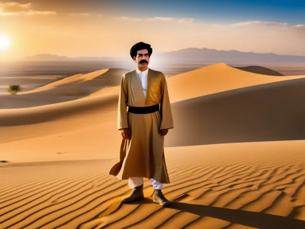 Un joven Saddam Hussein en el desierto, vistiendo ropa árabe, mirando con determinación hacia el horizonte