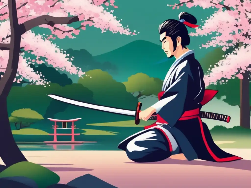 Un joven samurái Miyamoto Musashi practica esgrima en un sereno jardín japonés bajo la luz de los cerezos en flor
