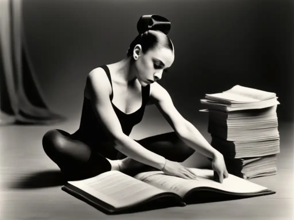 Una joven Martha Graham, sentada entre libros de danza y partituras, con expresión contemplativa