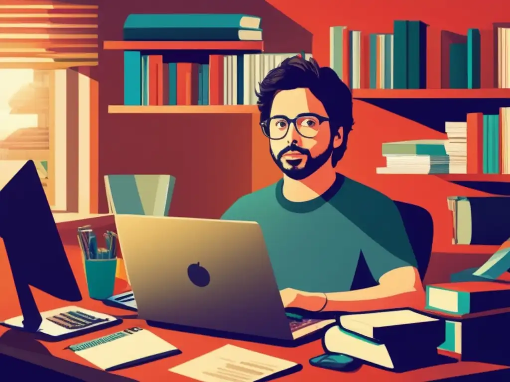 En la ilustración, un joven Sergey Brin está concentrado frente a la computadora en su cuarto en Stanford, rodeado de libros y equipo tecnológico