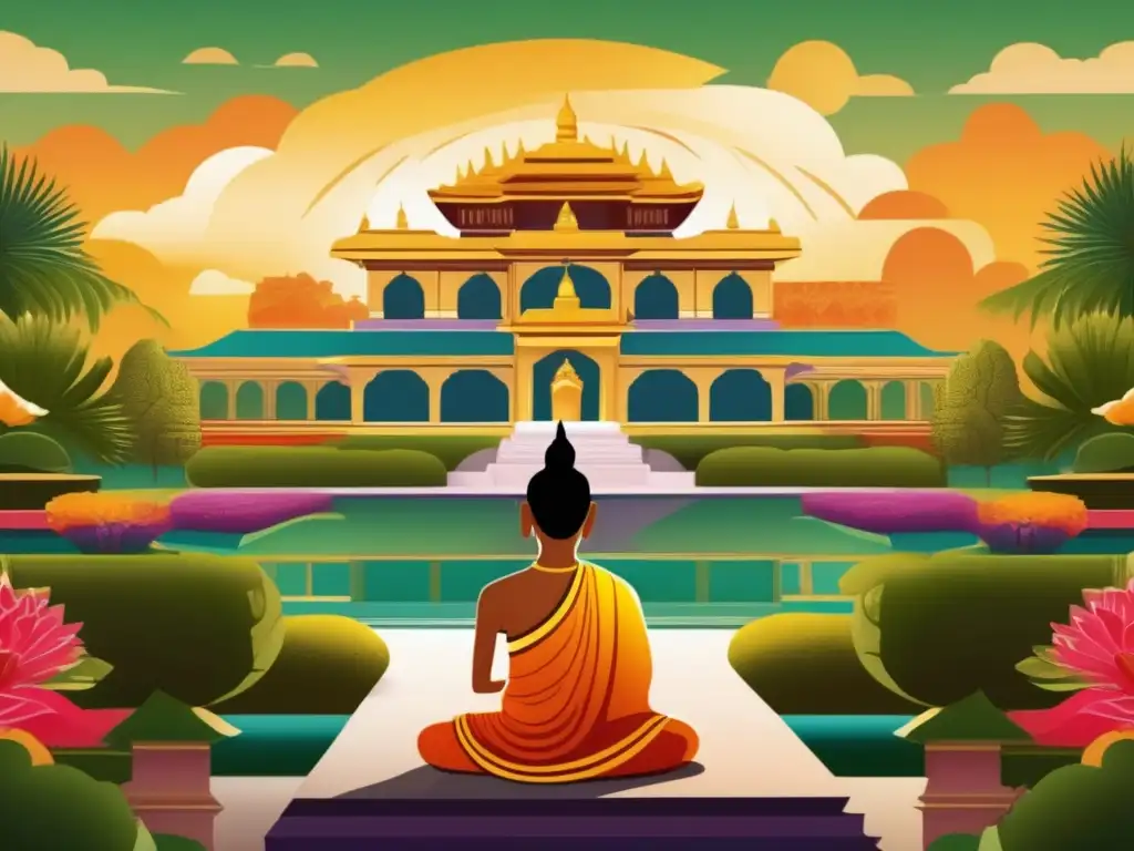 Siddhartha Gautama, el joven príncipe en su opulento palacio - Ilustración digital con detalle y color vibrante Un joven príncipe Siddhartha Gautama en un opulento palacio, rodeado de exuberantes jardines, reflejando su transformación hacia el budismo