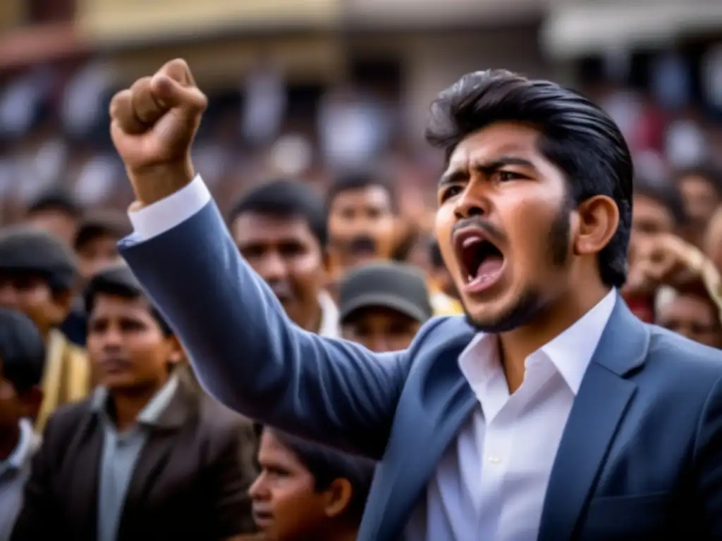 Un joven Hernán Siles Zuazo dando un apasionado discurso a una multitud en Bolivia, evocando el liderazgo en el siglo XX