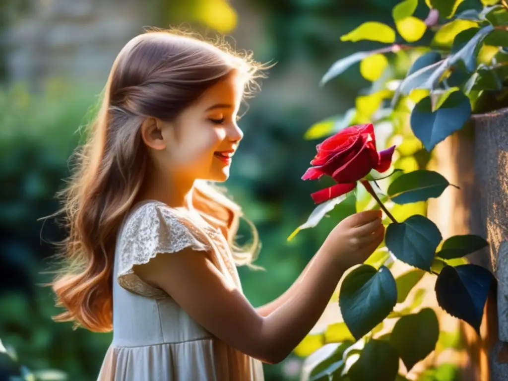 Una joven en un jardín soleado sonríe al tocar una rosa roja