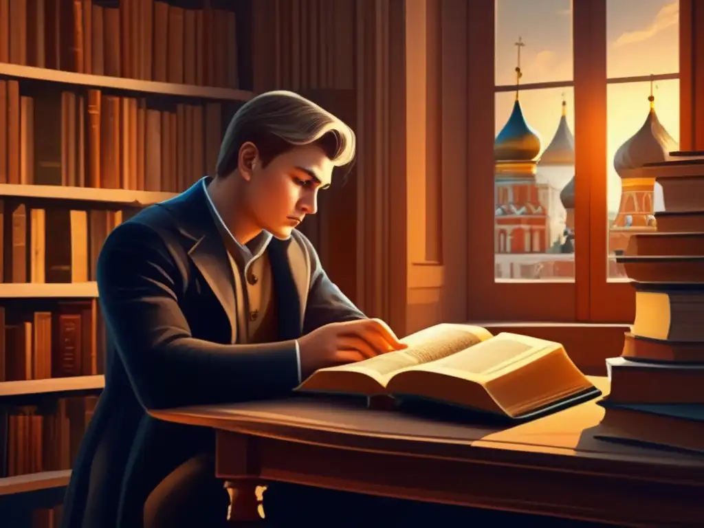 Un joven Vladimir Solovyov inmerso en el estudio filosófico, rodeado de libros y textos antiguos