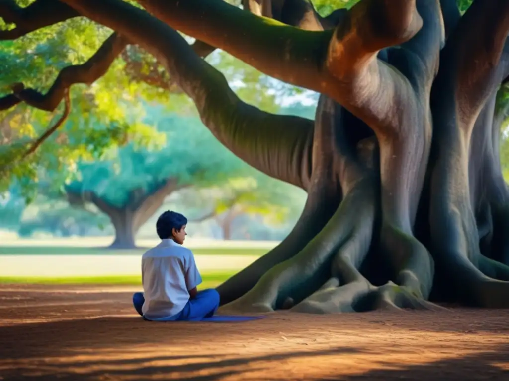 Un joven Krishnamurti en profunda contemplación bajo la sombra de un majestuoso árbol baniano, con la luz solar filtrándose a través de las hojas