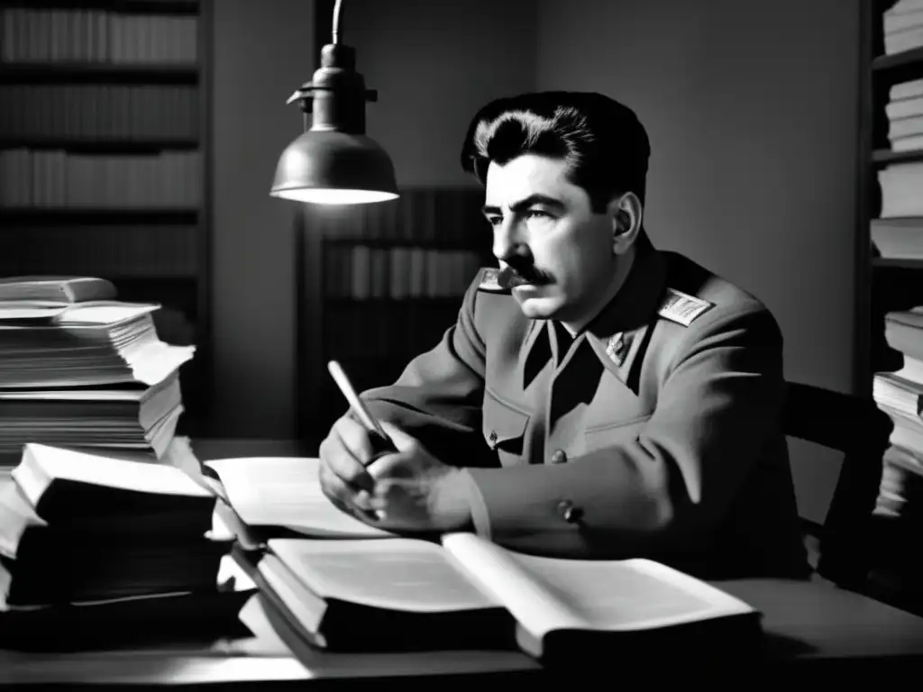 El joven Stalin: Determinación y Ambición en Blanco y Negro Un joven Joseph Stalin en su despacho, rodeado de libros y papeles, con una mirada intensa y determinada