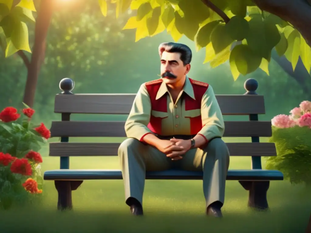 Un joven Joseph Stalin reflexiona en un tranquilo campo, rodeado de exuberante vegetación y flores, evocando nostalgia e inocencia